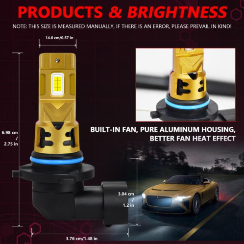 Lot de 2 ampoules LED pour phares de voiture, 35 W, 3 000 lm, 6 500 K, étanches IP68 (doré), 9006 SH402A1409-08